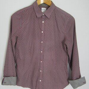 Brooks Brothers Womens 10 Maroon Gray Print Contrast Cuff LS Cotton Shirt Blouse